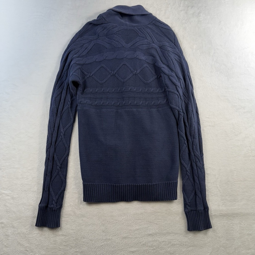 Express Sz S Cardigan Sweater Shawl Collar Fisherman Navy Knit Button Front Mens - Picture 10 of 11